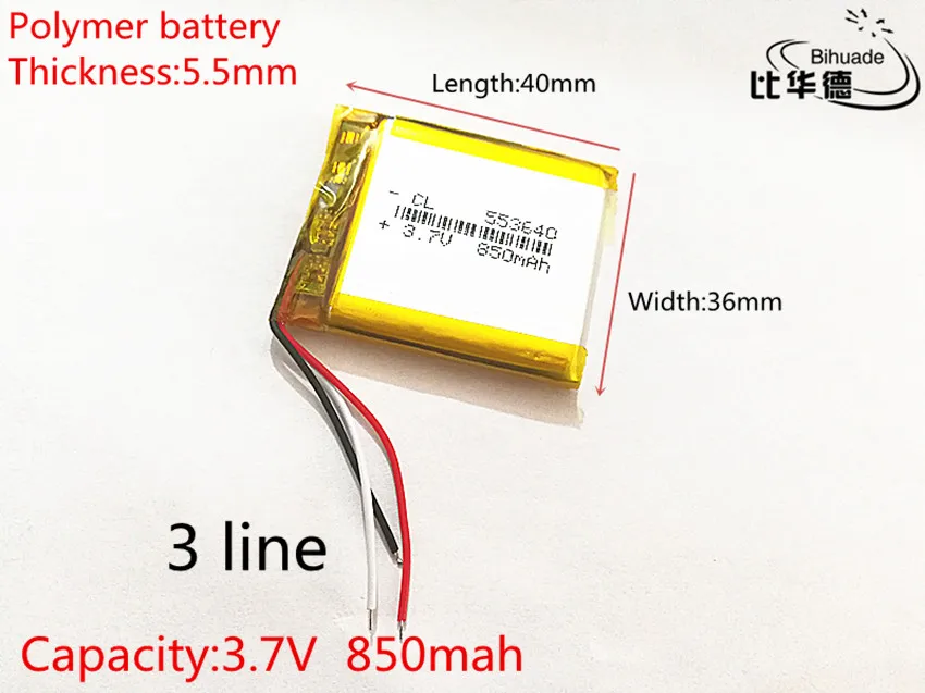 3 линии 3,7 V, 850 mAH, 553640 PLIB; полимерная литий-ионная/литий-ионный аккумулятор для gps, mp3, mp4, mp5, dvd, bluetooth, модель игрушка мобильный bluetoo