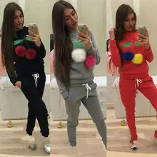 Russian Women Sweatshirt Hoodies Suits Puffer Ball Print Ice Cream Hair Plush Ball Casual Women Sweatshirt 2 Pieces Set