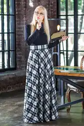 2019, Новая мода Длинные Макси толстый круг юбки для женщин для молния талии зима плед шерстяной Теплый с карманом плюс размеры ЮБК