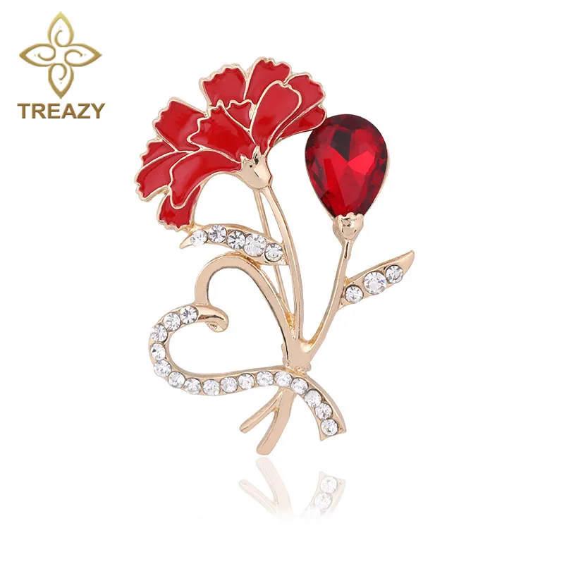 

Elegant Heart Carnation Pin Brooch Bouquet Rhinestone Enamel Red Flower Brooches Pins For Women Wedding Dress Accessories Gift