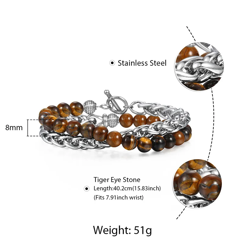 8mm Lapis Lazuli Tiger Eye Stone Men's Beaded Bracelet Stainless Steel Wheat Link Bracelet Male Wristband Gifts for Men DBM46 - Окраска металла: DB60 Tiger Eye Stone