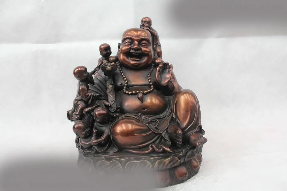 

12"China Buddhism Copper Happy Laugh Maitreya Five Tong Zi Ruyi Chiropter Statue