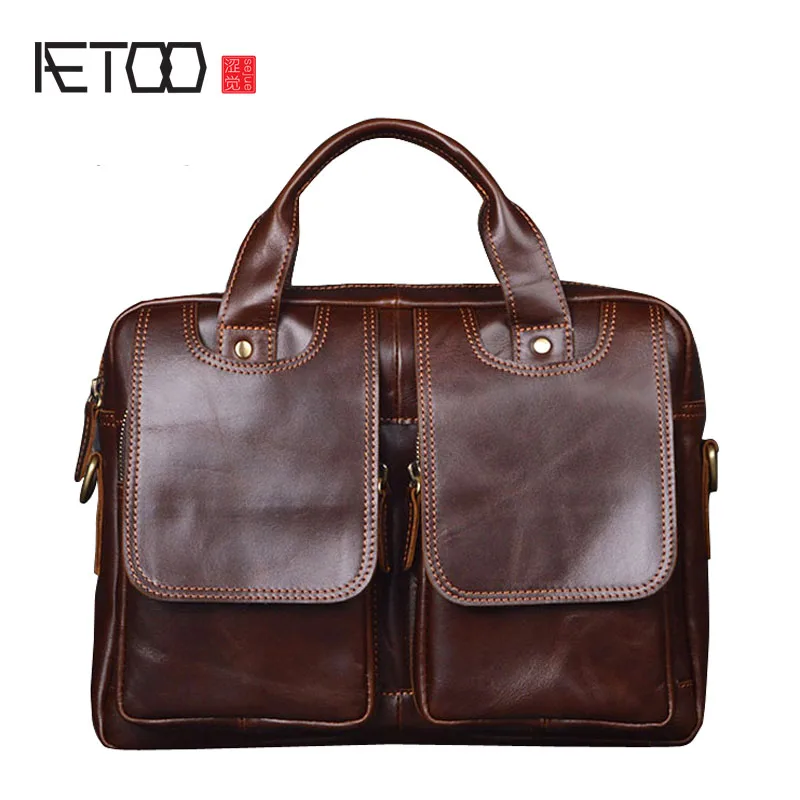 

AETOO Europe and the United States first layer of oil wax leather men's handbag diagonal cross-A4 package multi-functional compu