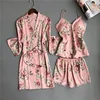 Nighties Women Pajamas Satin Sleepwear Pijama Silk Home Wear Lace Home Robe Chest Pads Sleep Lounge Pyjama pink white 3 Pieces ► Photo 1/6