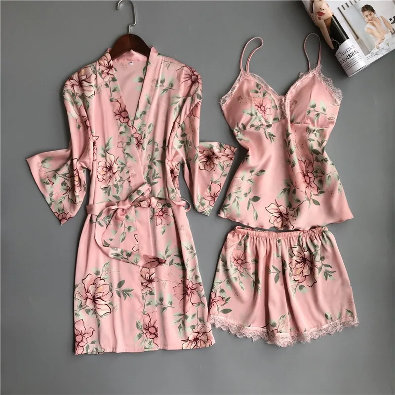 Ночные рубашки для женщин пижамы атласные Pijama Шелковый Домашняя одежда кружево домашний халат нагрудники сна Lounge розовый белый комплект из 3 предметов - изображение