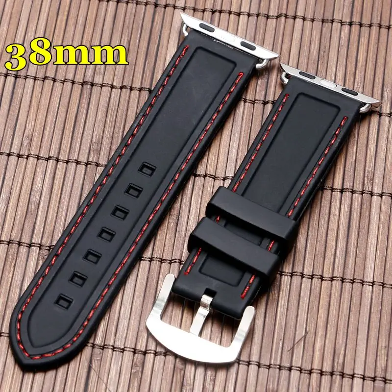 

Men Watch Strap Band Waterproof Soft Diving Black Silicone For iWatch Apple Watch 38 mm Military Red Line Stitching Xmas