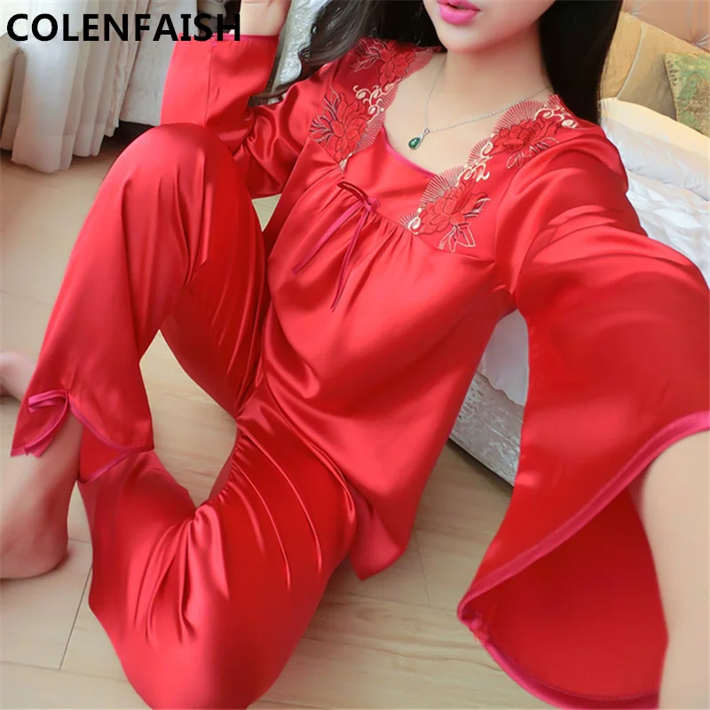

Autumn Women Ladies Sexy Flower Lace Satin Silk Pajamas Sets Long Sleeve Tops+Pants Sleepwear mujer Nightwear pyjama femme