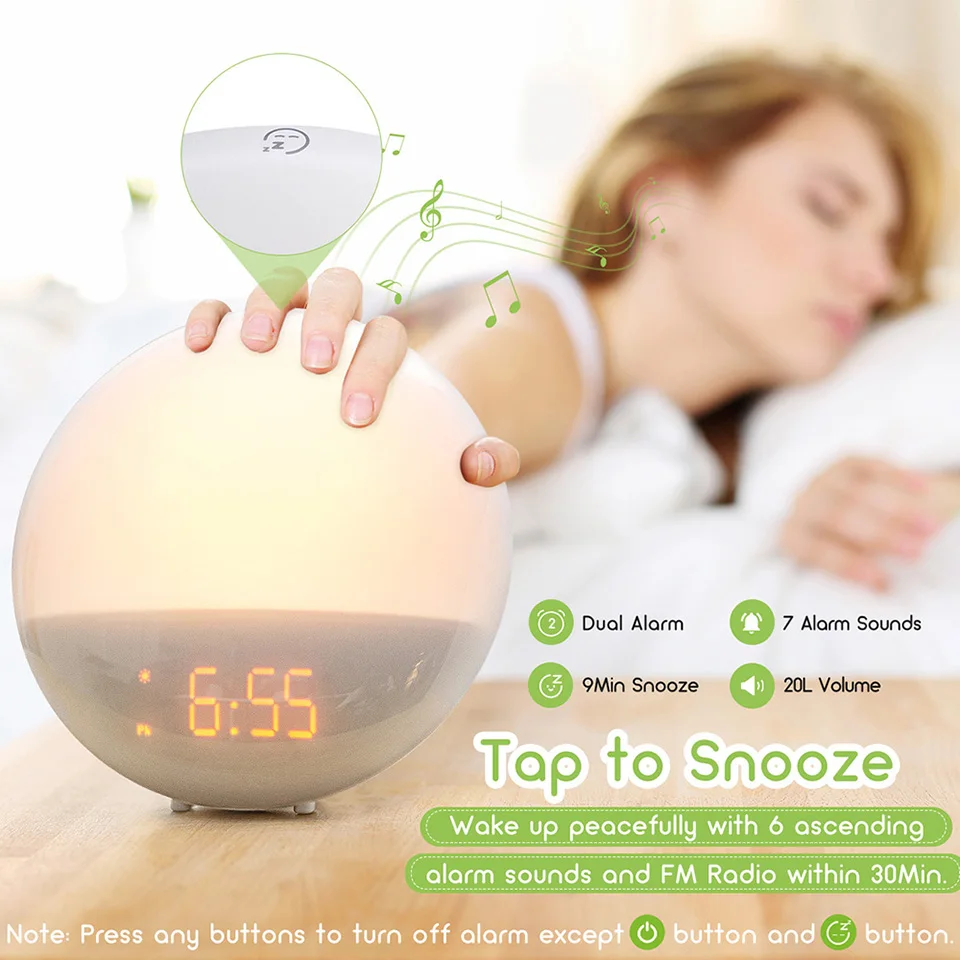 Mpow Led Wake Up будильник с Двойные сигналы FM радио светильник Sunrise Simulation 6 естественных звуков функция повтора и прикроватная лампа