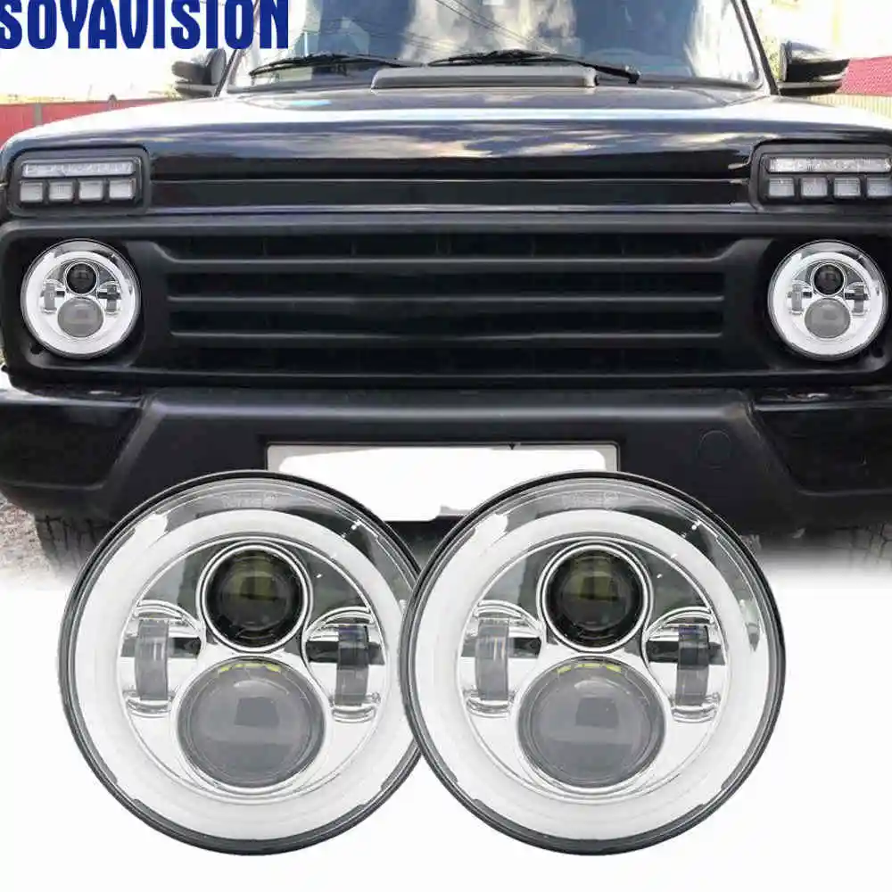 

2 X 7Inch LED Halo Ring Headlight White DRL 7" LED Headlamp with Amber Turn Signal Headlight For Jeep JK VAZ 2121 Lada Niva 4x4