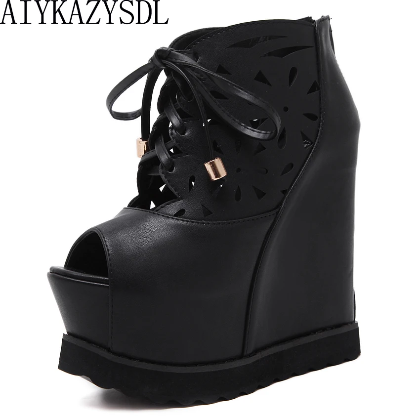 

AIYKAZYSDL Women Pumps Summer Peep Toe Ultra Very High Heel Platform Wedge Shoes Hollow Cut Out Carved Creepers Lace Thick Heels
