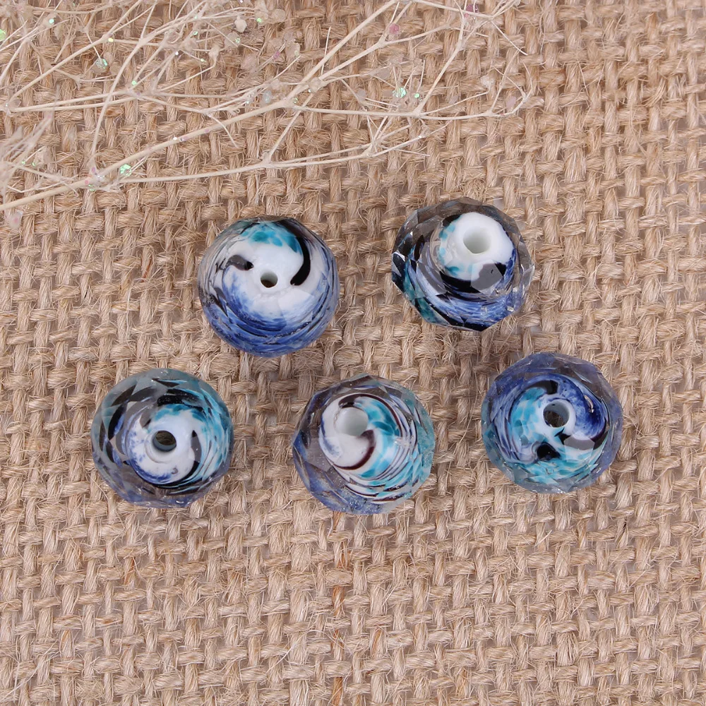 

DoreenBeads Lampwork Blue Orange Round Glass Beads Faceted DIY Components About 12mm x 9mm( 3/8"), Hole: Approx 2.8mm, 10 PCs