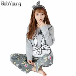 BabYoung зима Для женщин пижамный комплект с рисунком кролика хлопковые пижамы Twinset с длинным рукавом Пижама Mujer топы, штаны Ночная одежда