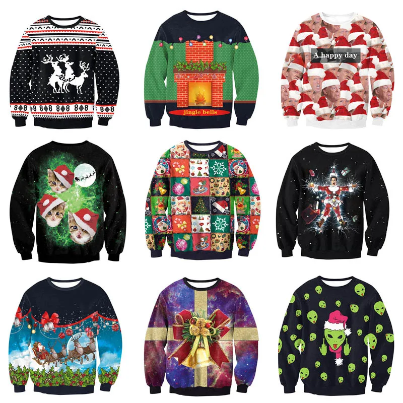  Unisex Men Women 2020 Ugly Christmas Sweatshirt Vacation Santa Elf Funny Christmas Fake Hair Jumper