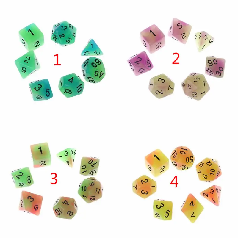7 шт./компл. акриловые кости светящиеся черные точки цифровые D4 D6 D8 D10 D12 D20 KTV бар
