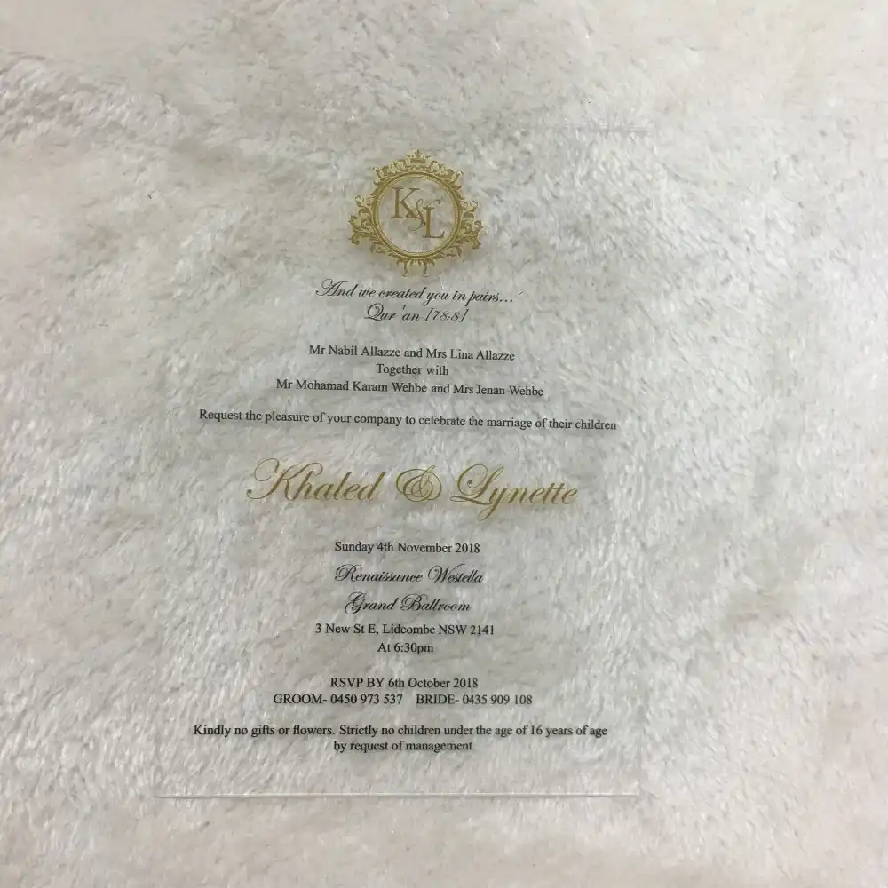 10pcs newest transparent glass acrylic wedding invitation card gold and black words printing wedding favor invitations sample ivitation card