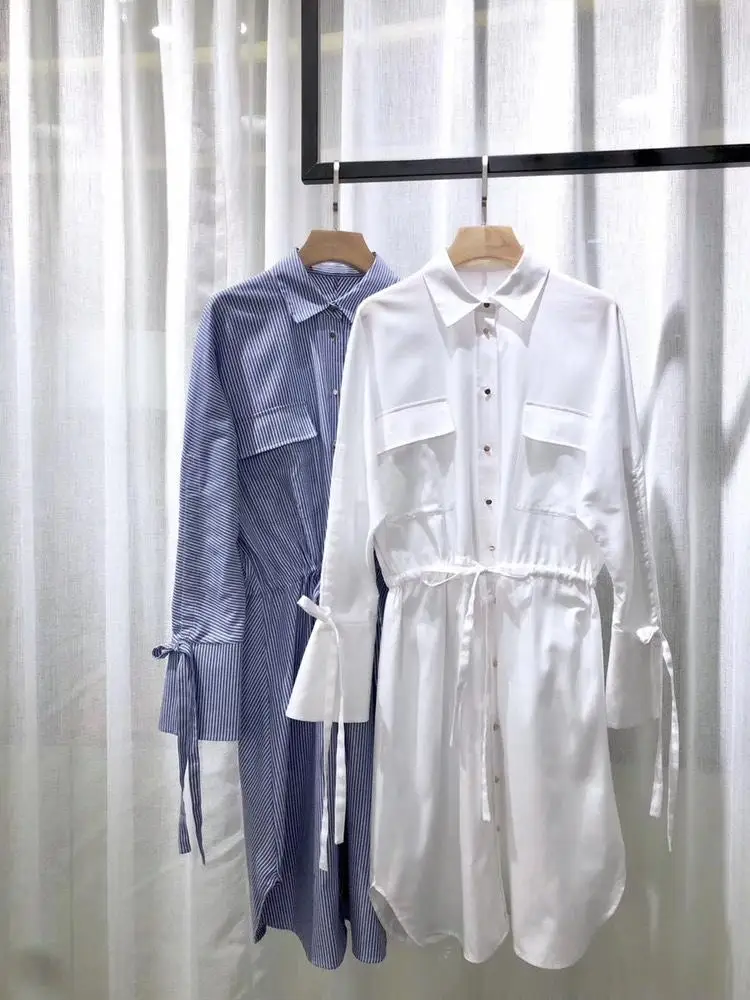 

2019 new ladies fashion long-sleeved lapel cotton waist lace dress 0606