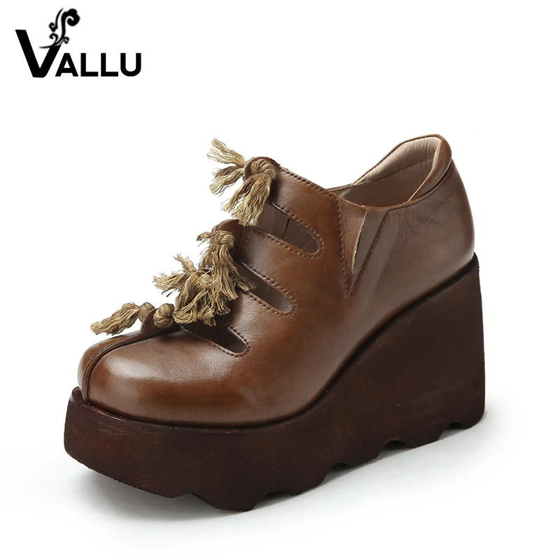 

Leather Pumps Shoes Woman 2018 Genuine Leather Platform High Heels Shoes Cut Out Fringe Handmade Vintage Casual Women Wedge Shoe