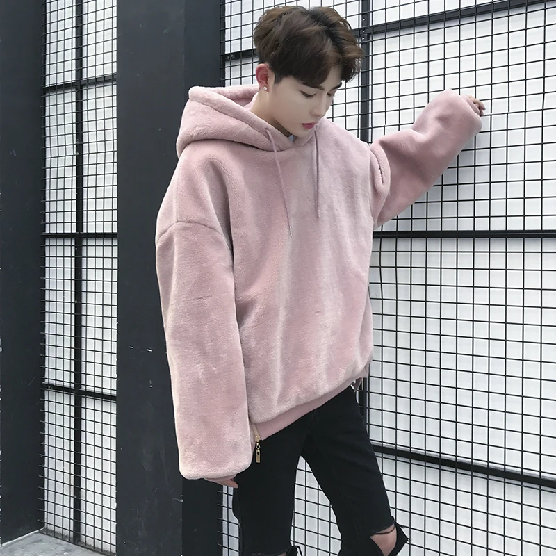 Pink Зимние новые толстовки мужские плюс бархатные толстые толстовки мужские цельные уличные хип хоп пуловер с капюшоном и длинным рукавом мужская одежда - Цвет: Pink