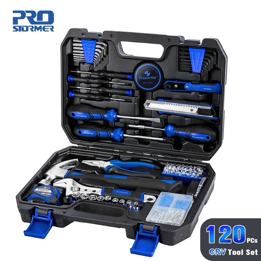 

PROSTORMER 120 Pcs Combination Household Hand Tool Set Repair Ratchet Spanner Wrench Socket Professional Tool Kits Strong Case