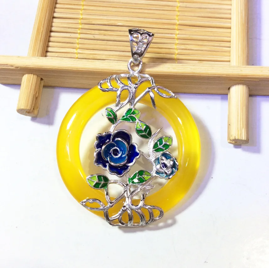 

S925 silver inlaid natural Cloisonne pendant ornaments huaigu flower pulp