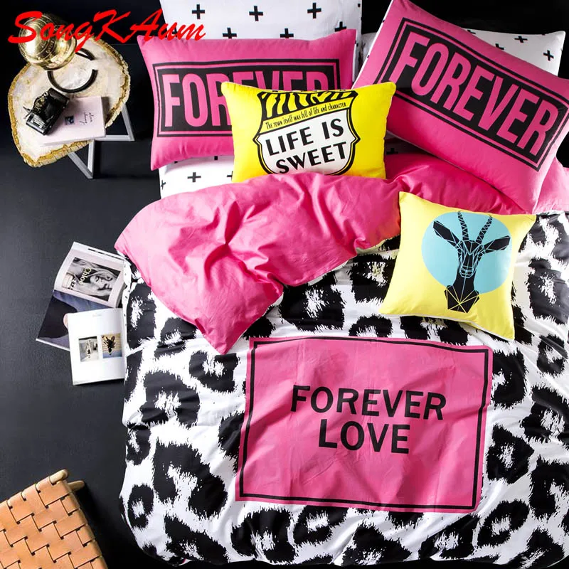 

Pink leopard 4Pcs Bedding Sets for youth Duvet Cover Set Pillowcases Flat Sheet Cross Zebra pattern cotton Queen Bed Linen