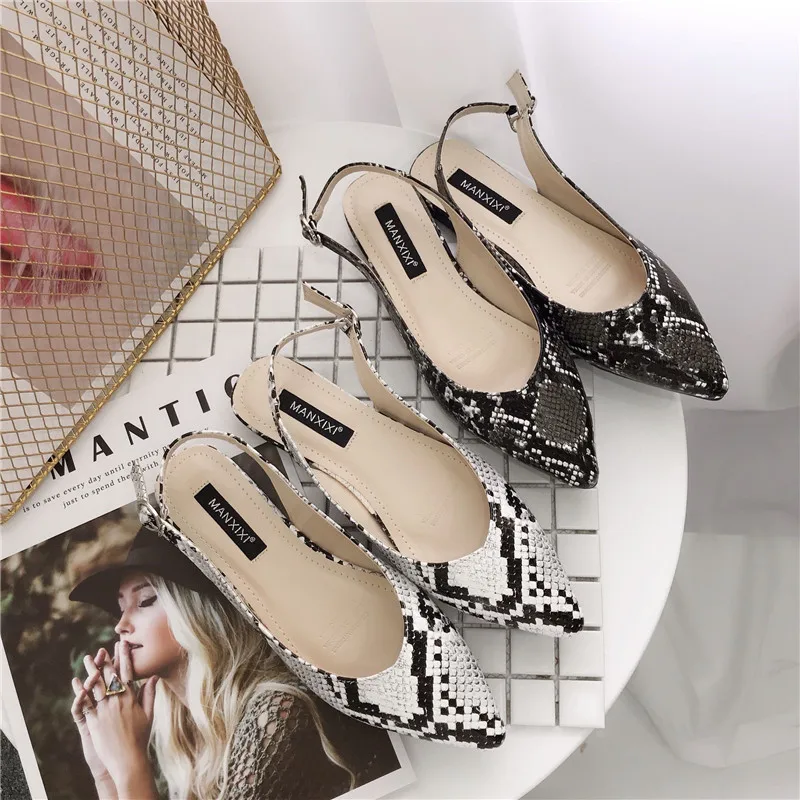 

Shoes Woman Flats Sandals snake prints back strap slides buckle pointed toe shoes shallow designer shoe zapatos mujer black gray
