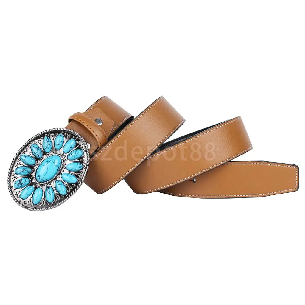 Cowboy Belt Western Leather Belt with Bohemian Faux Turquoise Belt Buckle, Black, Brown