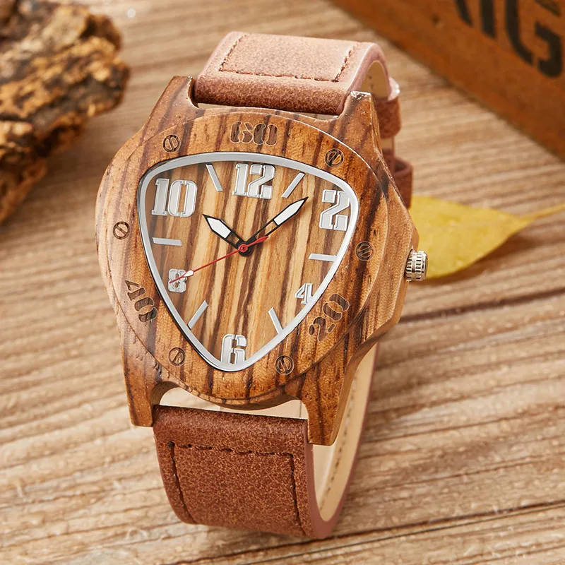 

Men's Creative Inverted Triangle Wood Watches Man Retro Cool Quartz Genuine Leather Bamboo Wooden Wristwatches Gifts Male Clock