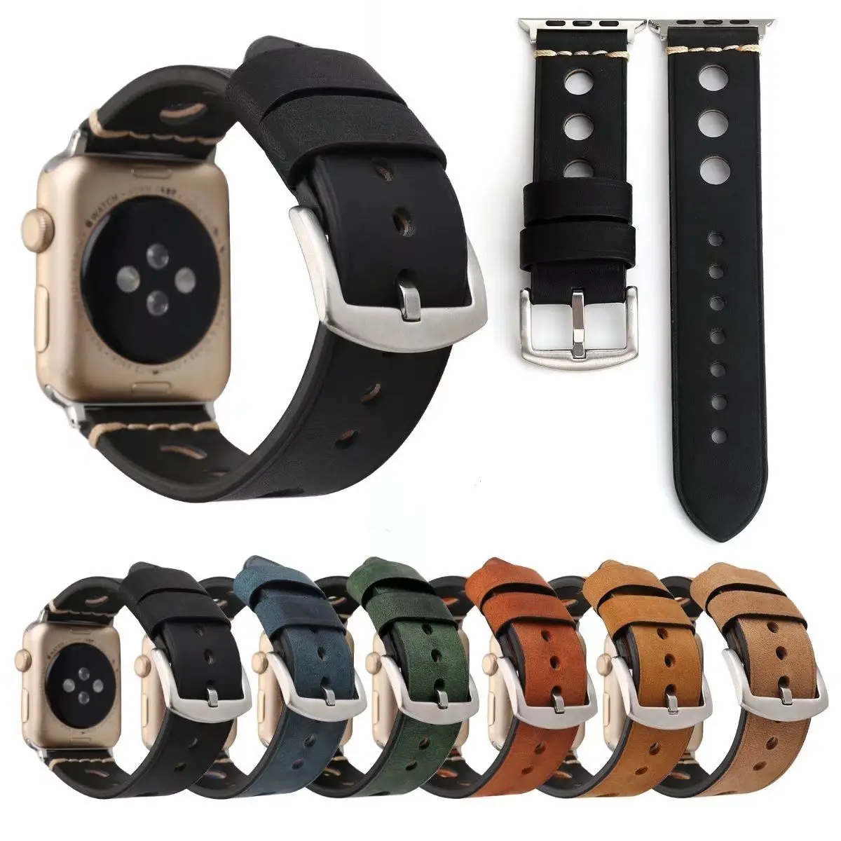 Ретро ремешок из натуральной кожи для Apple Watch Series 3 2 1 Band iWatch круглые браслеты с