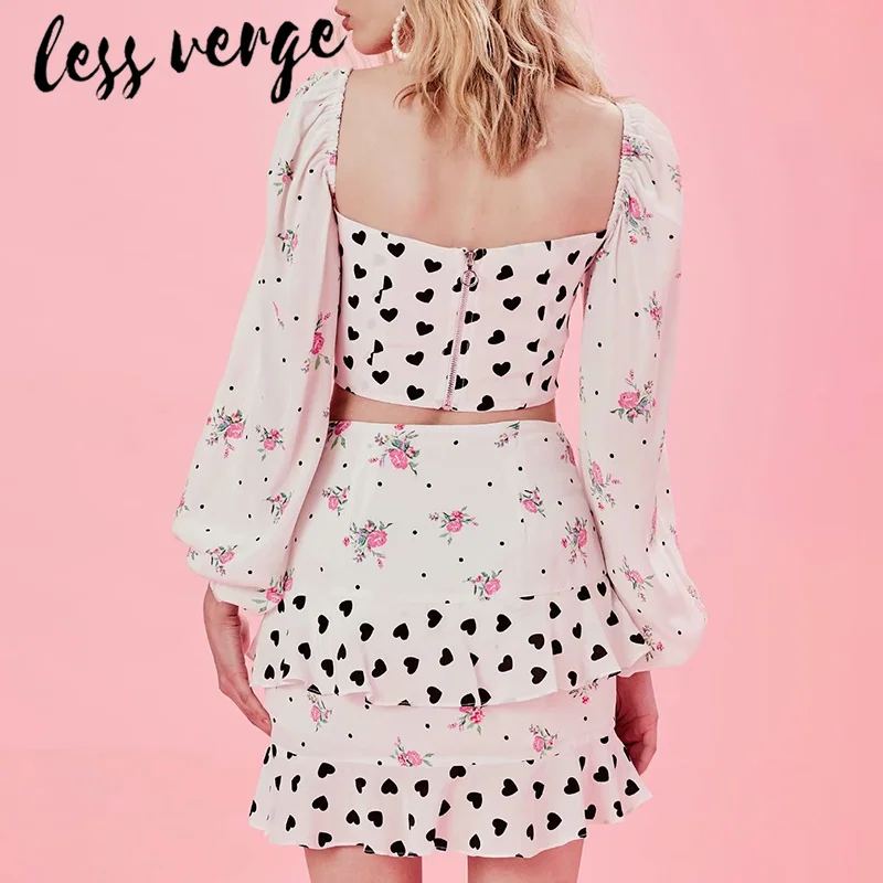lessverge Floral heart print long sleeve two piece set Slash neck zipper white crop top camis Ruffles casual prairie mini skirt lessverge Floral heart print long sleeve two piece set Slash neck zipper white crop top camis Ruffles casual prairie mini skirt