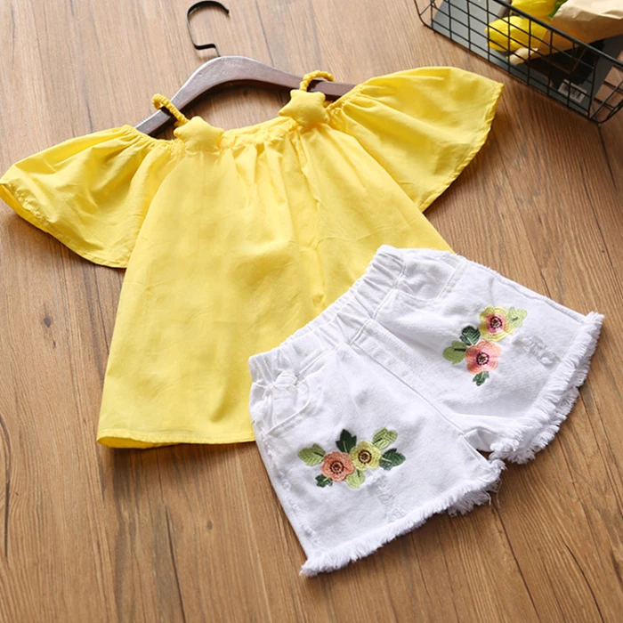 Sodawn/Летние Стильные комплекты одежды для девочек Полосатая Футболка с рукавами-бабочками+ короткая юбка с бантом комплекты для девочек из 2 предметов