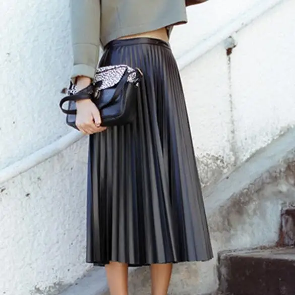 

2018 New Spring Autumn Women Skirts Vintage High Waist Black Faux Leather Skirts Female Slim Party Midi PU Pleated Skirt DF814