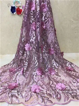 

african lace fabric beads high quality lace aso ebi mesh 3D Flower fabric Embroidered Sequins nigerian swiss lace fabric Pink
