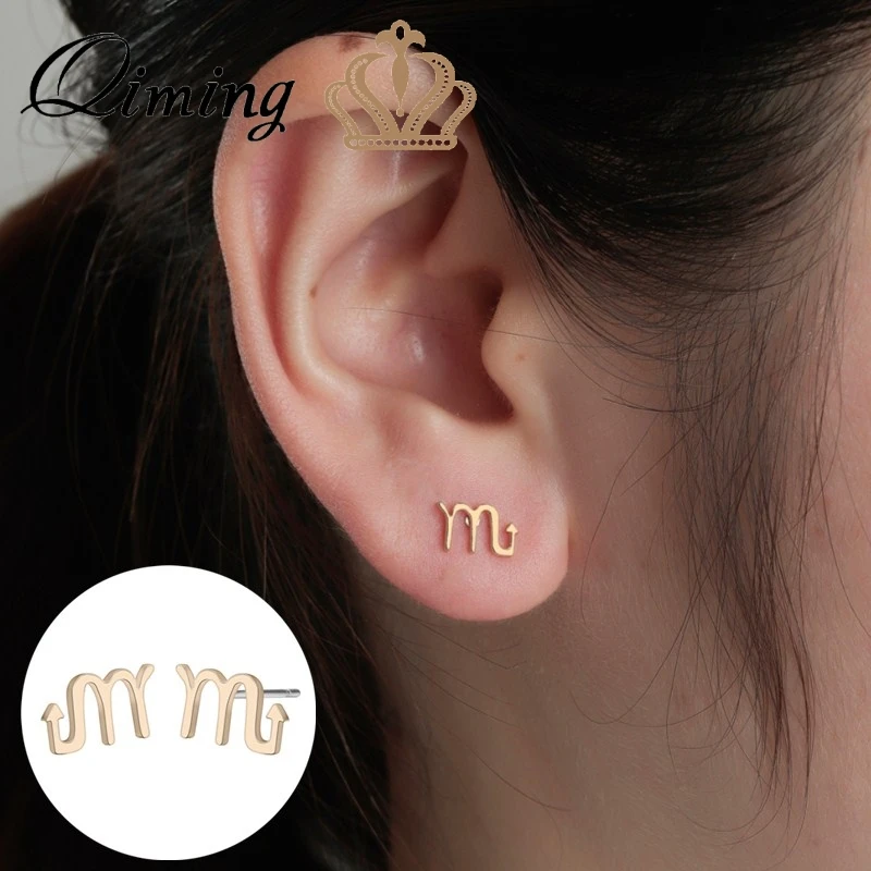 

QIMING Horoscope Scorpio Female Earrings Astrology Zodiac Statement Jewelry For Women Gothic Vintage Small Earrings Gift