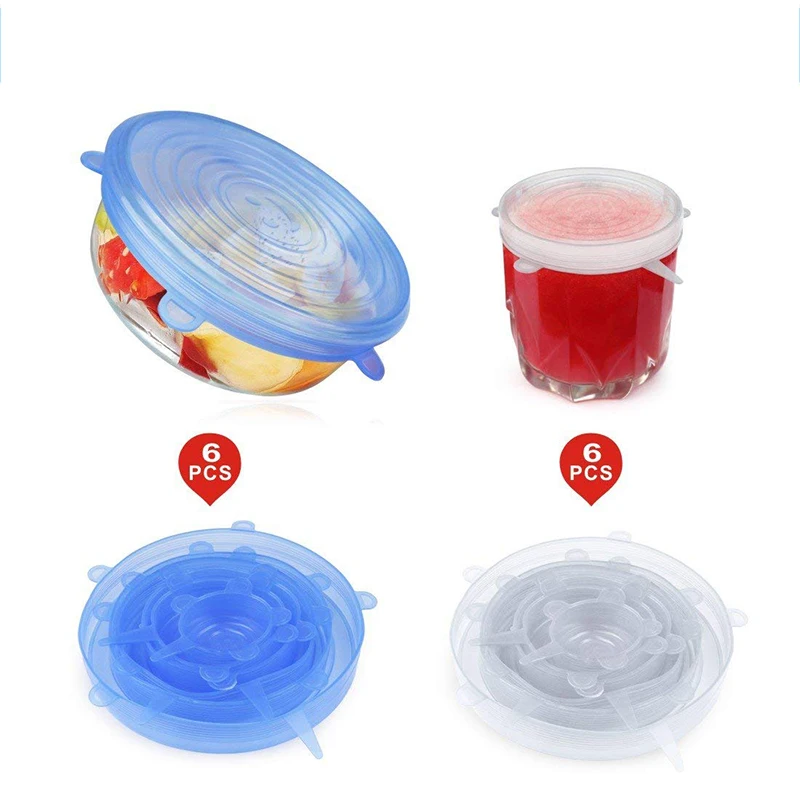 Универсальные силиконовые крышки для еды, 6 упаковок, гибкие силиконовые крышки для чаши, банки, стеклянная посуда, кухонные крышки, Прямая поставка