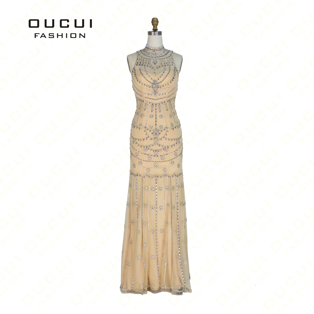 

Heavy Handwork Beading High Neck Shining Crystal Tank Straight Long Evening Dress Formal Occasion Real Picture Elegant OL102854