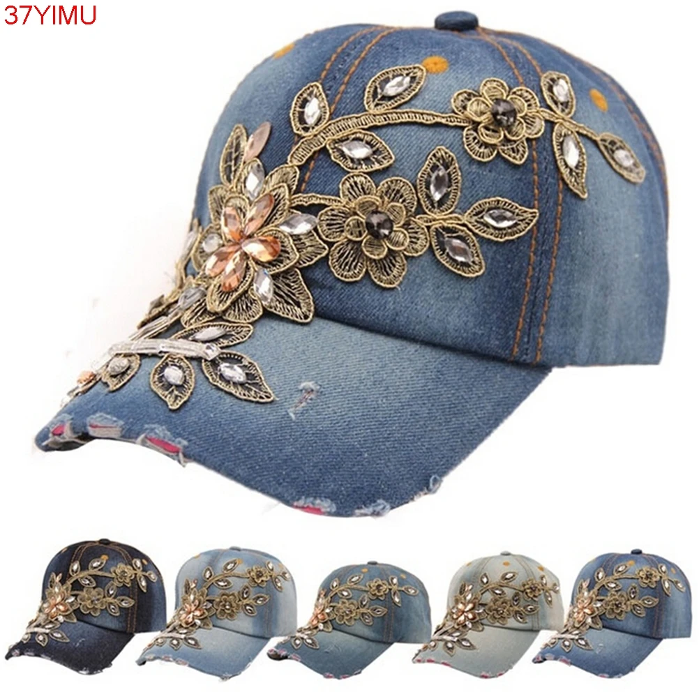 

1Pc Full Crystal Floral Denim Baseball Cap Bling Rhinestone Hip HopSnapback Hat Adjustable For Women