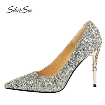 

Silentsea Europe Sexy Women Pumps 9.5cm Metal Stiletto High Heel Shoes Female Bright Leather Wedding / Party Shoes Lady Silver
