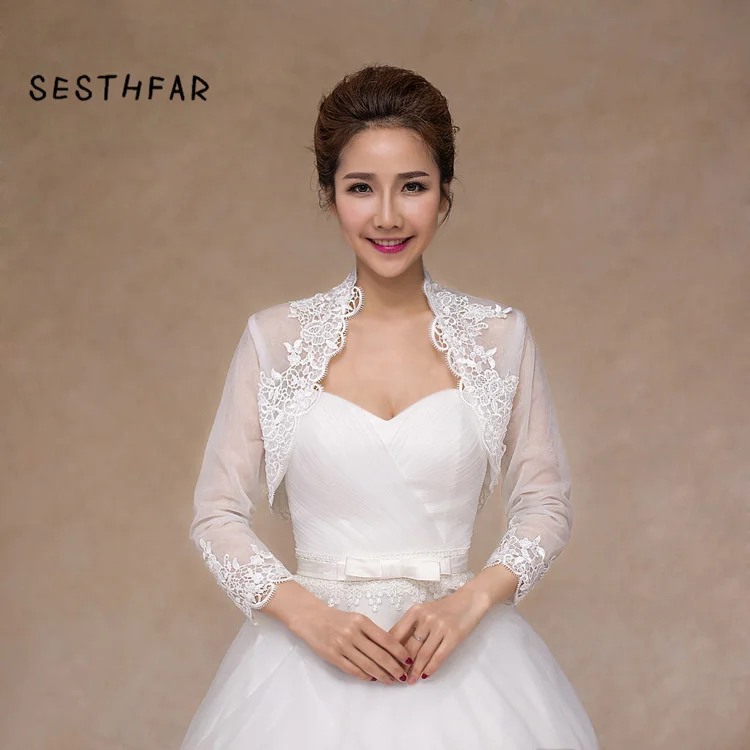 

Elegant 2018 New Shares of women 3/4 long sleeve white lace shoulders cropped bolero jacket wedding white wedding wraps