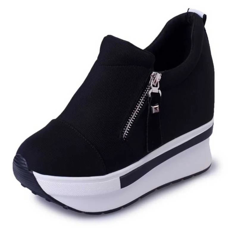 ZALAVOR/Женская обувь; Модные женские кроссовки; туфли-лодочки на платформе; кроссовки на молнии на высоком каблуке; повседневная женская обувь с закрытым носком; обувь; Размеры 35-40 - Цвет: Black