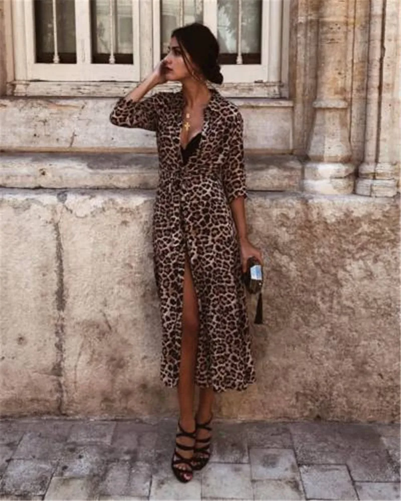 Women Dress Autumn 2018 Ladies Leopard Print Dresses Sexy Women V Neck Long Sleeve Midi Dress Womens Dresses Fall Evening Party