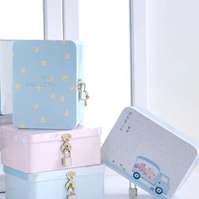 Tinplate Cosmetic Storage Box With Lock Jewelry Makeup Skin Care Lipstick Brush Office Articles Organizer Sundries Container