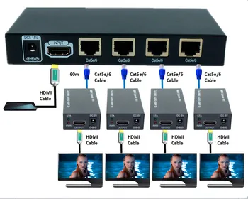 

60m 3D 1080P 1x4 HDMI Extender/HDMI Amplifier/HDMI Splitter Over Ethernet RJ45 Cat5e Cat6 Cable (Extender 1 TX & Extender 4 RX)