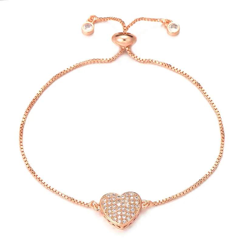 Rose gold Neovivi романтические браслеты с подвеской в форме сердца для женщин Девушка регулируемые ювелирные изделия микро проложить Циркон латунная цепь DIY браслет подарок любителю - Окраска металла: Rose gold