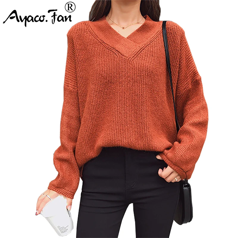 

Solid Batwing Loose Thick Women Sweaters Autumn New Sexy V-Neck Lantern Sleeve Warm Knitted Pullovers Vintage Slim Lady Sweater