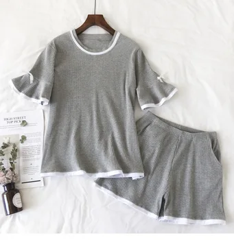

Summer New Short Sleeve Pajama Set Ladies Cotton Pullover Thin Comfortable Pajamas Round Neck Pyjamas Women Pijama Mujer 2-piece