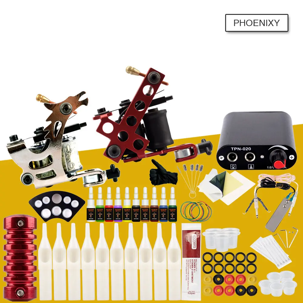 

Complete Tattoo Kit Two 8 Coils Tattoo Machine Gun Set 20 Colors Inks Pigment Sets Power Beginner Tattoo Kits Permanent Makeup