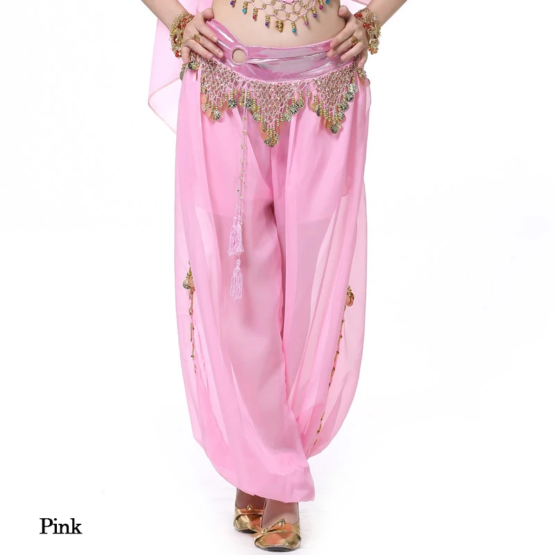 Индийские танцевальные штаны, женские шаровары, штаны для танца живота, шифон, блестки, Висячие монеты, шаровары, 1 шт., штаны для танцев, выступлений, 10 цветов - Color: Pink