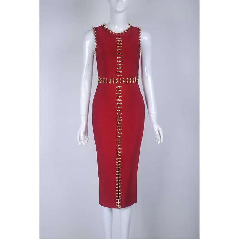 

2017 New Color Wine Red Luxury Beads Embelished Heavy Work Sleeveless Knee Length Party Celebrity HL Bandage Dress