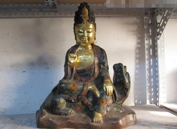 

USPS to USA S2953 100% Pure Bronze cloisonne 24K Gold Gild Manjusri Bodhisattva Kwan-Yin Buddha